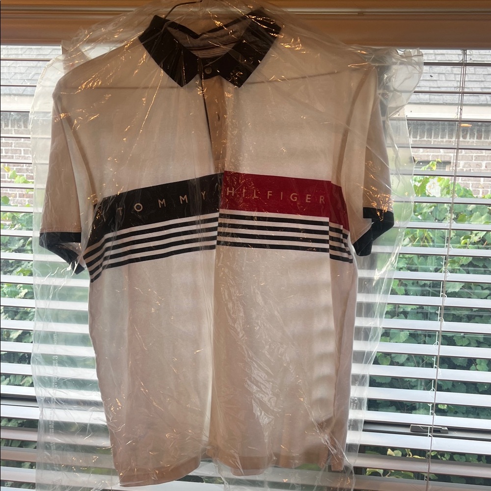 Tommy Hilfiger Men's White Shirt with Navy and Red Accents